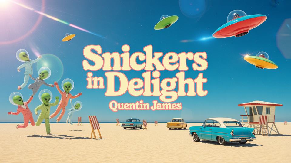 Snickers in Delight — AI cover art, theme aliens · beach · 1950s