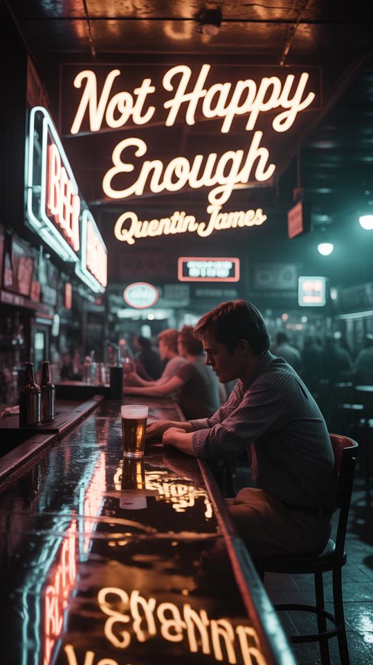 Not Happy Enough — AI cover art, theme dive · bar · melancholy · 35mm
